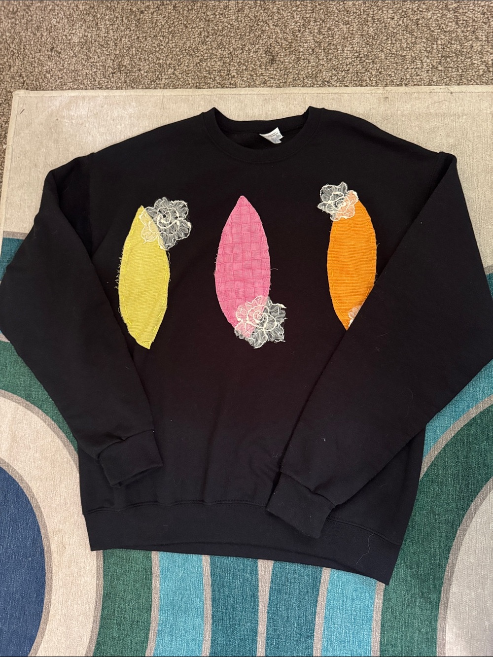 Jerzees Black Crewneck Sweater with Pink, Yellow & Orange Appliqués